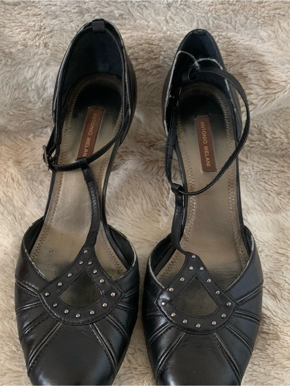 ANTONIO MELANI Black T-Strap Studded Leather Pumps